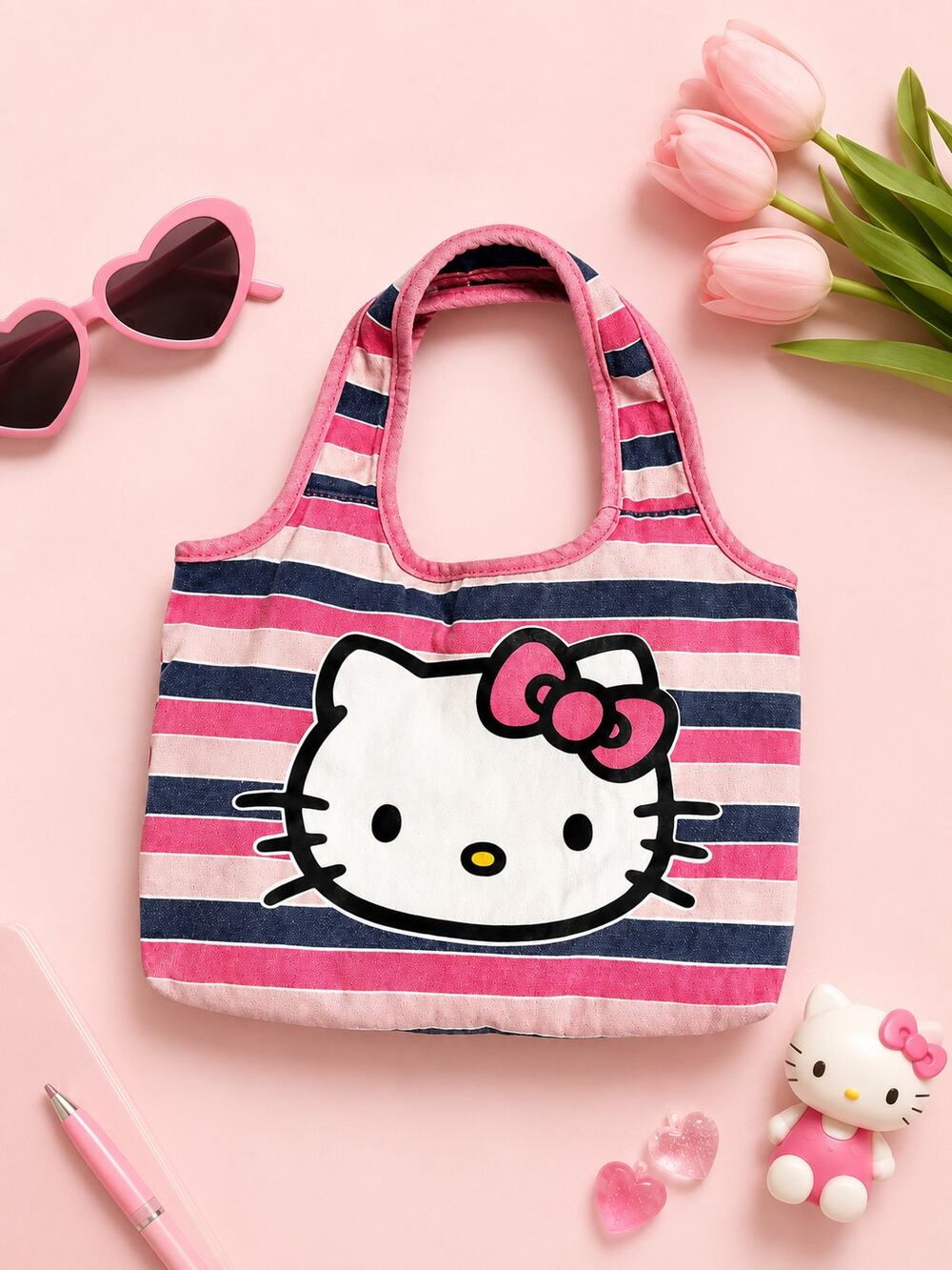 HELLO KITTY SANRIO Pink Blue Stripe Cotton Tote Bag Small